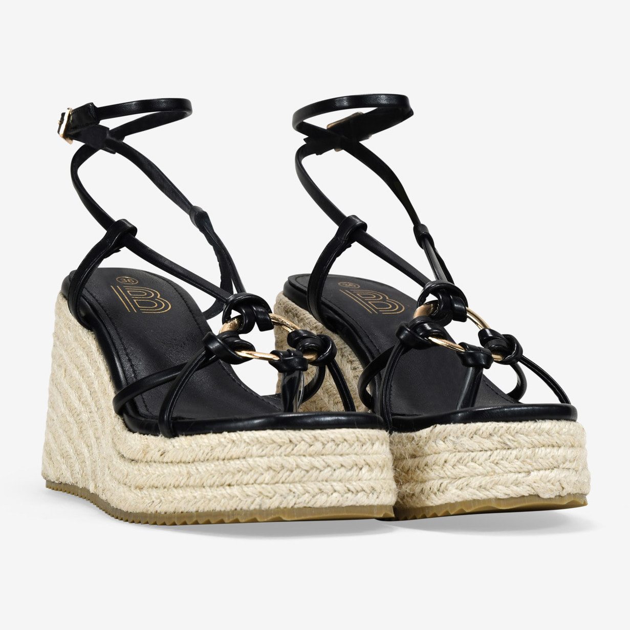 Sandalias de cuña negras con rafia