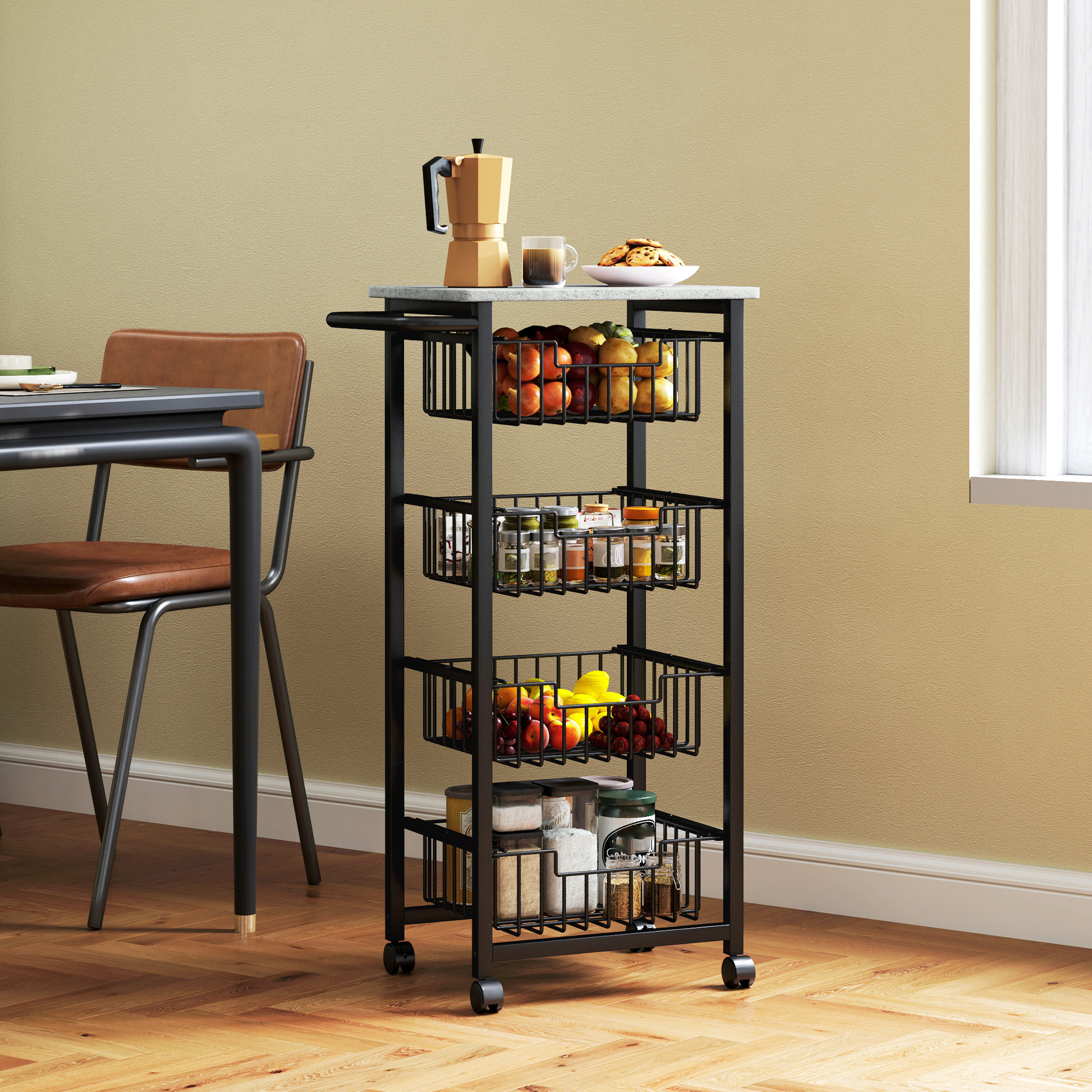Carrito de Cocina Carrito Verdulero para Cocina con 4 Cestas Deslizables y Marco de Acero Carrito Auxiliar con Ruedas para Comedor 49,5x31x91 cm Gris Claro