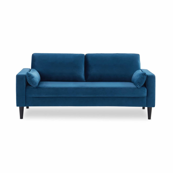 Canapé en velours bleu - Bjorn - Canapé 3 places fixe droit pieds bois. style scandinave