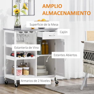 Carro de Cocina con Ruedas Carrito de Servicio con 1 Cajón Estantes Extraíbles Botellero para 4 Botellas y Armario para Comedor Salón Carga 40 kg 76x48x88 cm Blanco