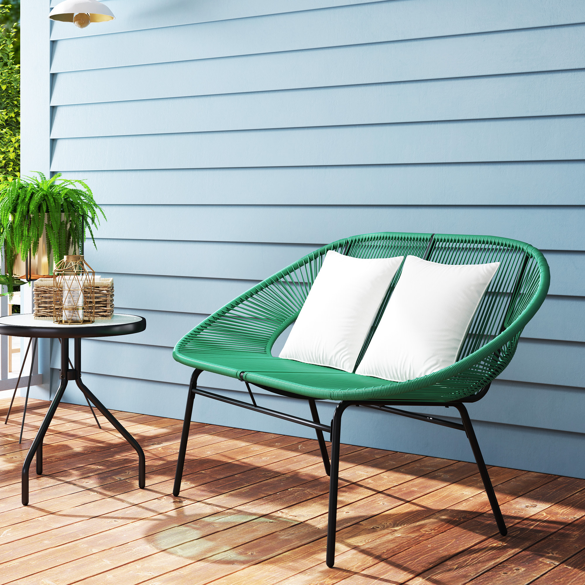 Banc de jardin 2 places design Acapulco 2 coussins métal résine filaire vert