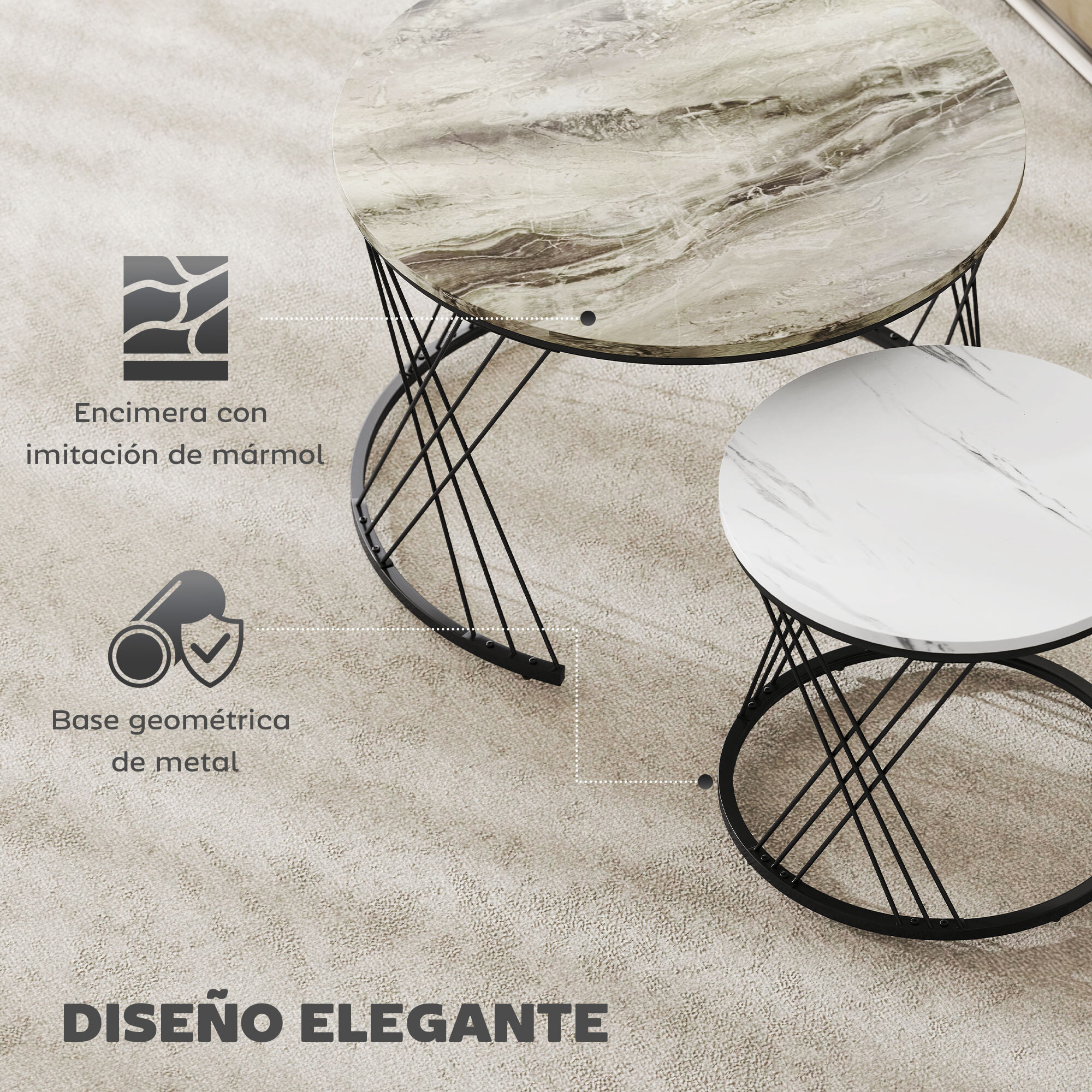 Juego de 2 Mesas Nido Mesas de Centro para Salón Redondas con Tablero con Diseño de Mármol Marco de Metal para Sala de Estar Dormitorio Gris y Blanco