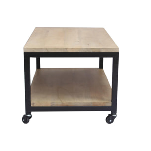 Table basse à roulettes industrielle bois manguier massif et métal noir L90 cm FACTORY