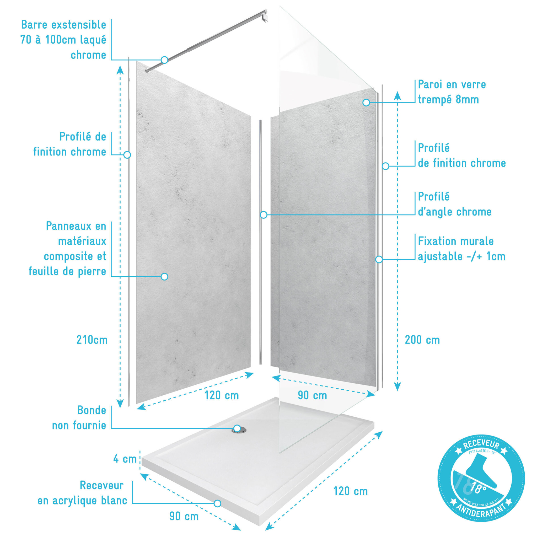 Panneaux Muraux Light Grey 90+120x210 - Receveur 120x90 - Paroi 8mm Transparente 120x200 + Bras