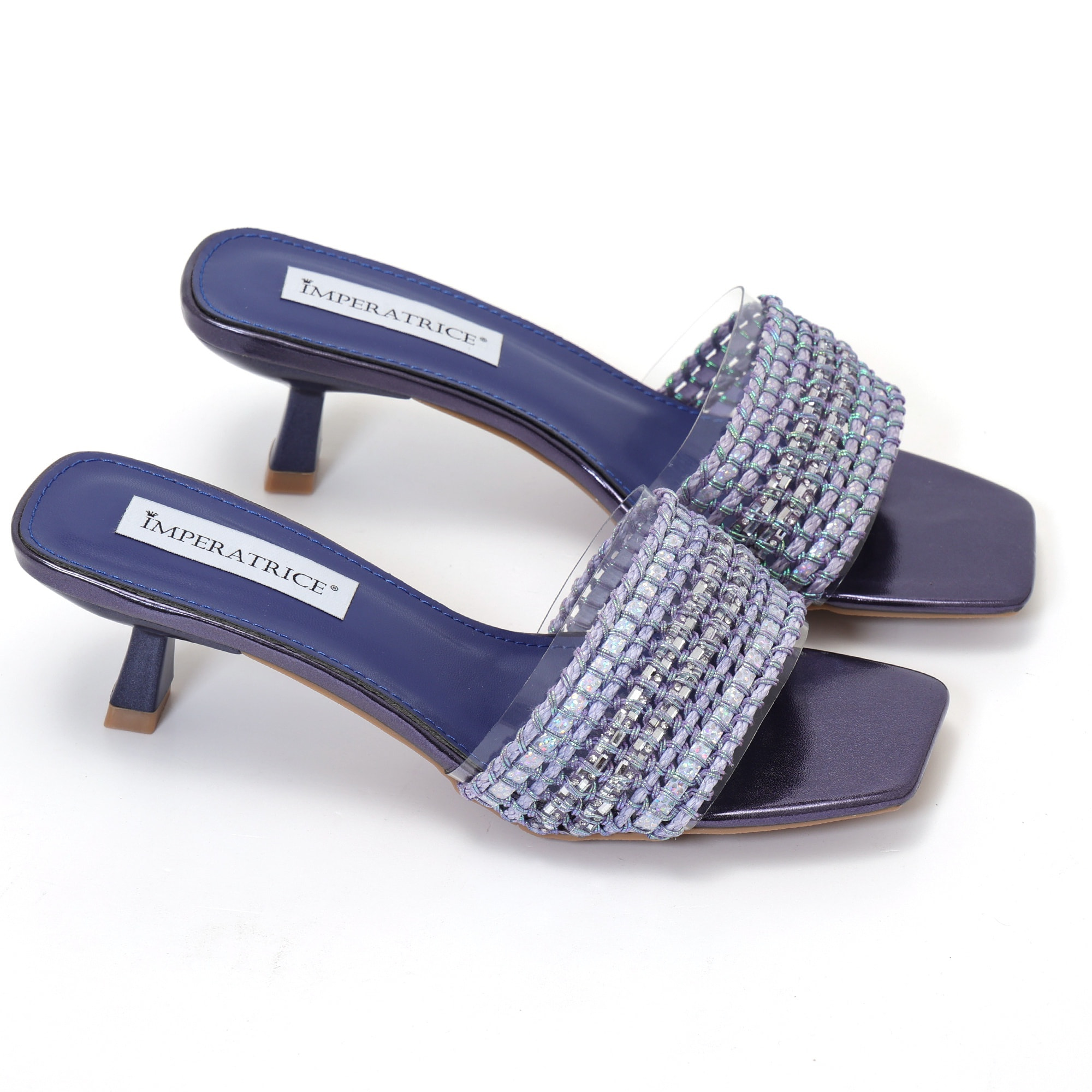 Sandali con tacco basso a rocchetto e fascia con ricamo e pietre