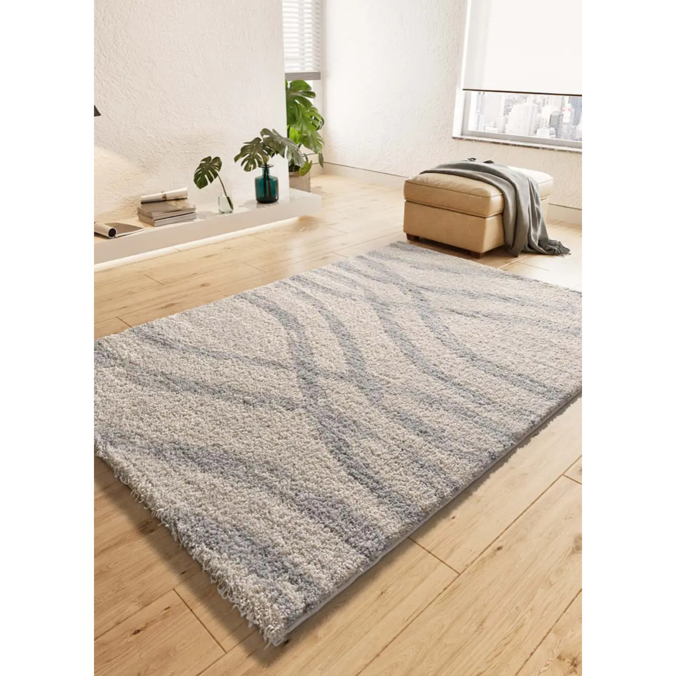 HELIA Alfombra shaggy de estilo escandinavo en beige y gris, varias medidas disponibles