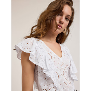 Motivi - Blusa de encaje inglés con volante - Blanco