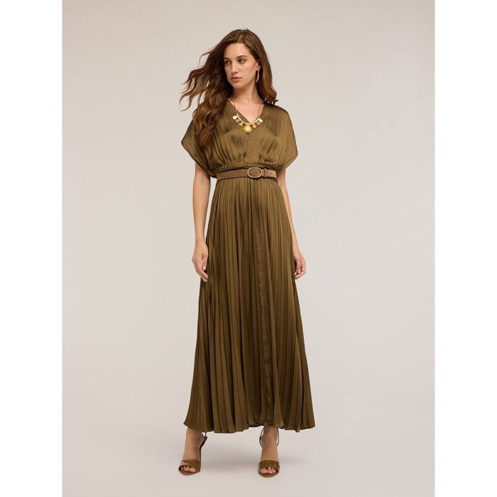 Motivi - Vestito lungo in satin plissé - Verde militare