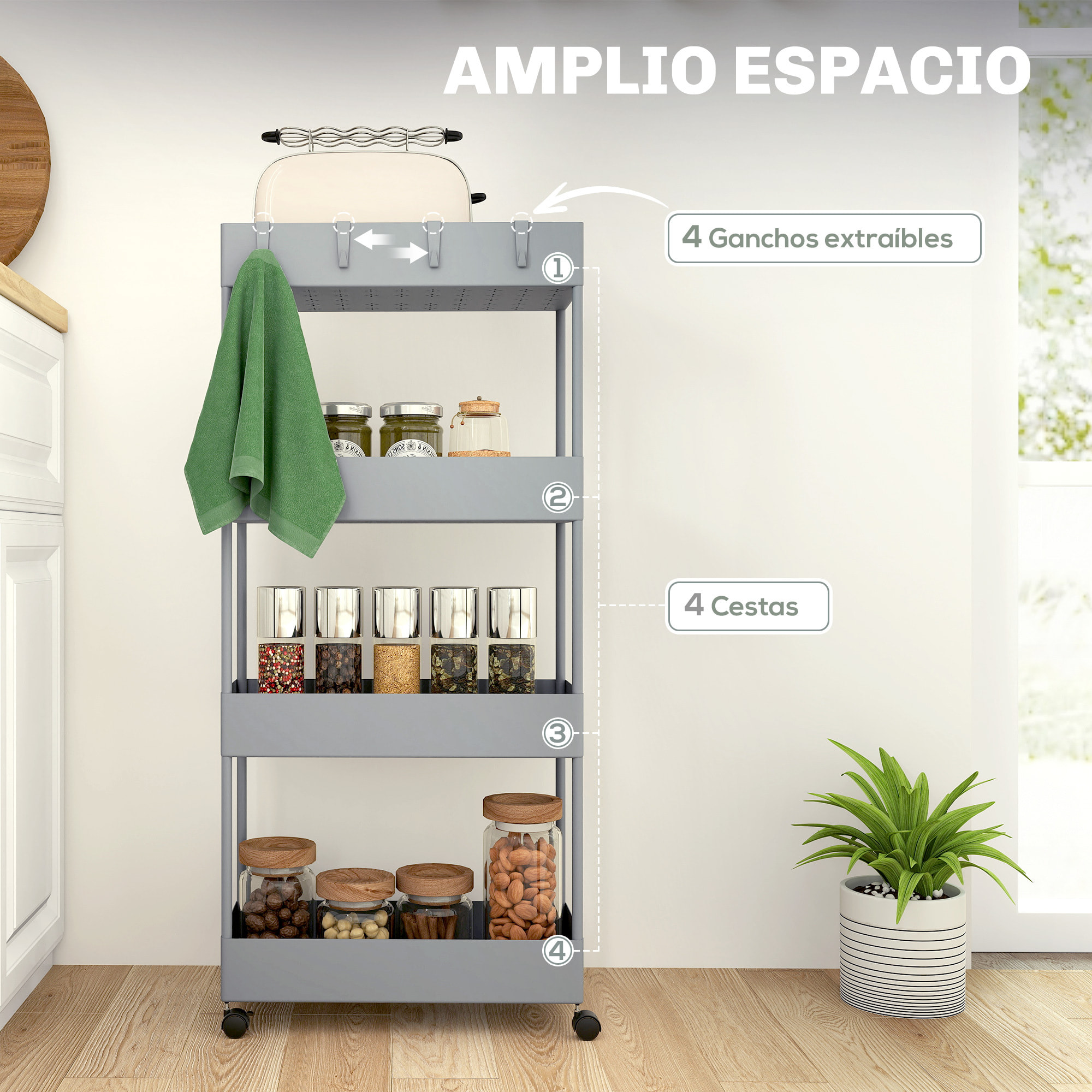Carro de Cocina de Almacenamiento de 4 Niveles Carrito Auxiliar con Ruedas 4 Cestas y 4 Ganchos Extraíbles Carrito de Cocina para Comedor Baño Salón 40x19x90 cm Gris