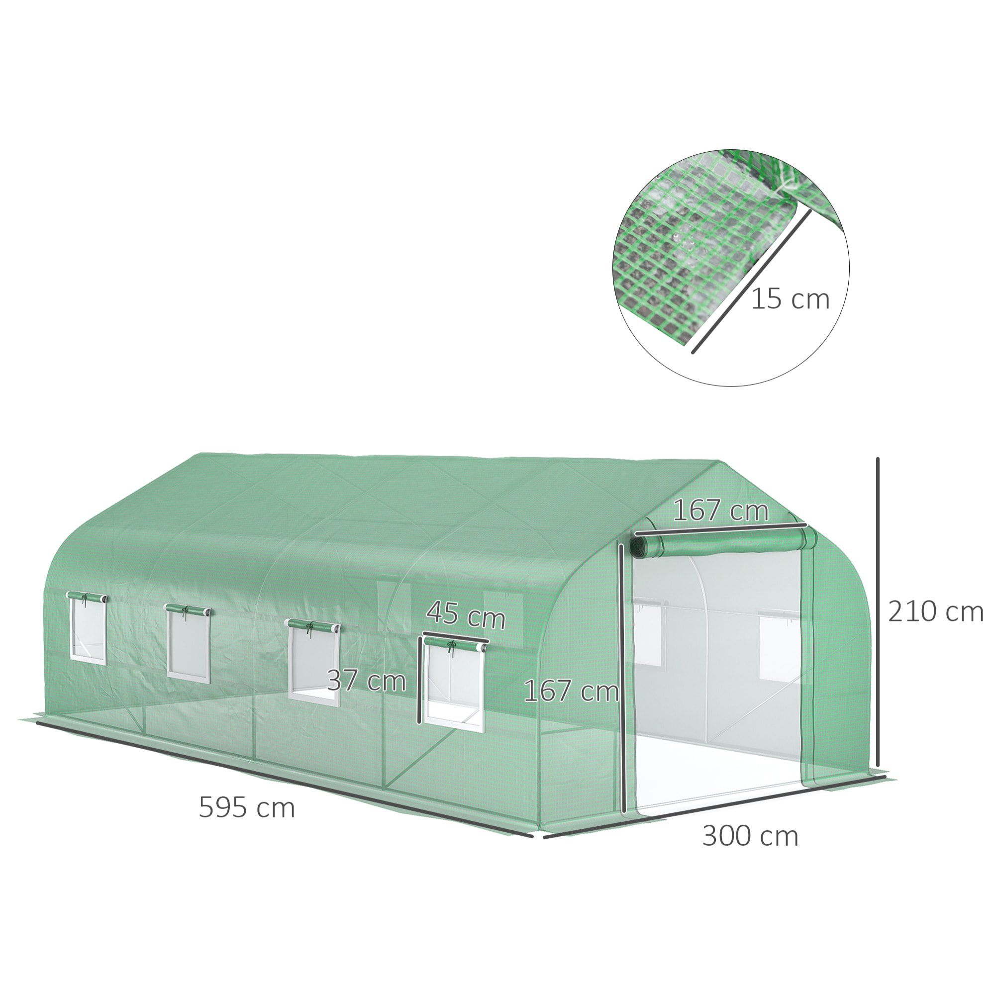 Serre tunnel grande taille 17,85 m² châssis tubulaire acier galvanisé renforcé 2,4 cm 8 fenêtres 1 porte vert