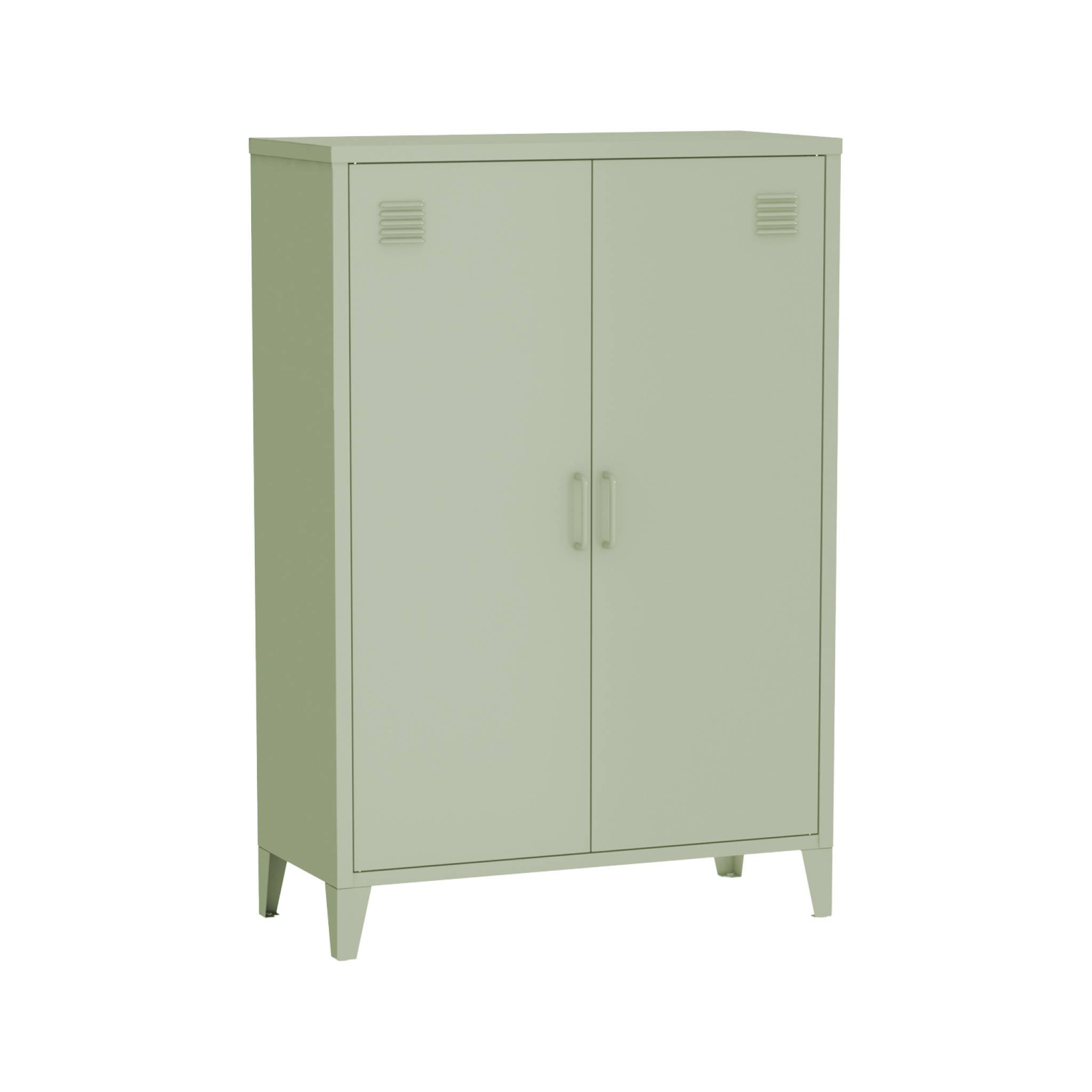 Commode/armoire en métal vert. 2 espaces de rangement. casiers