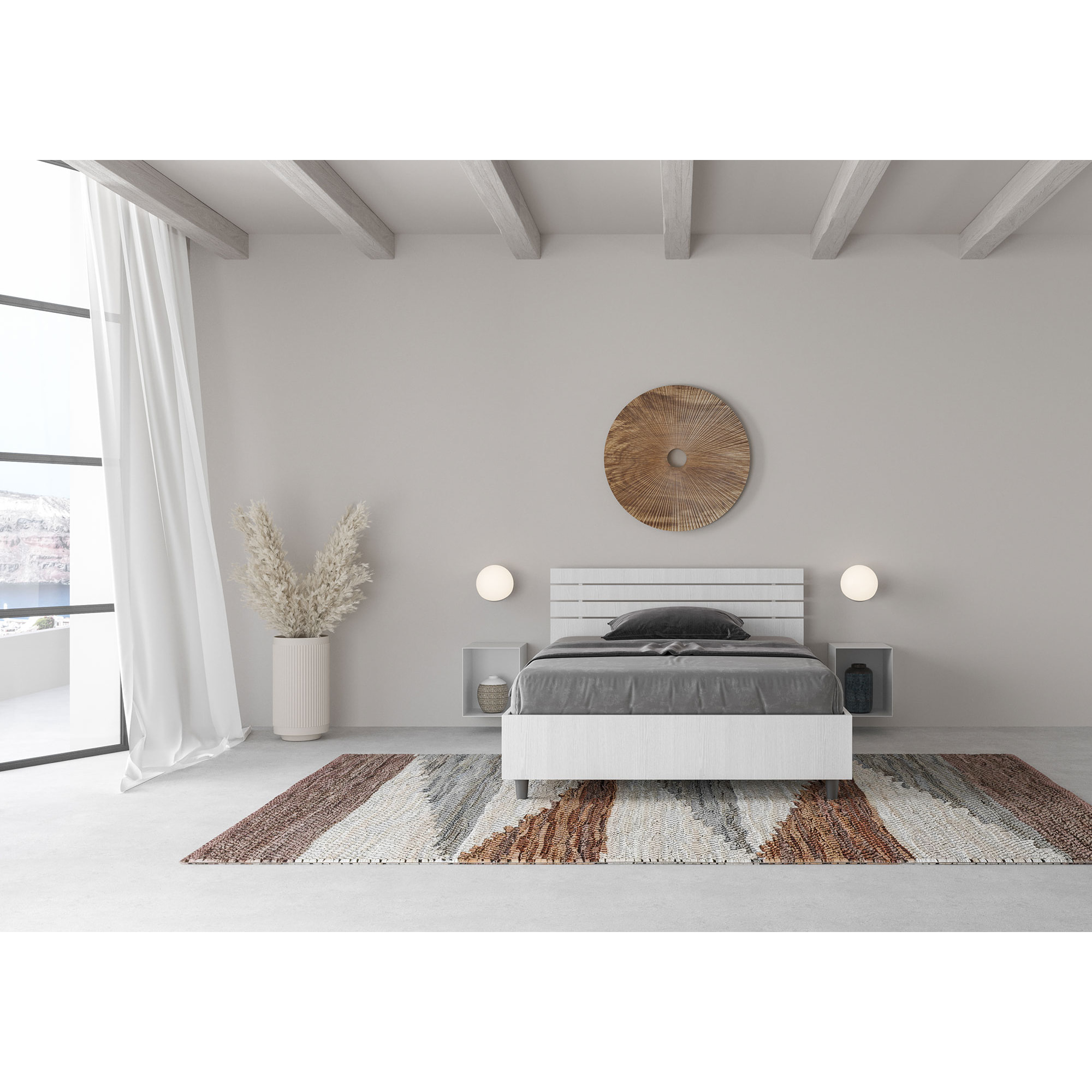 Cama sin somier 120x190 con cabecera inclinada de listones fresno blanco Ankel