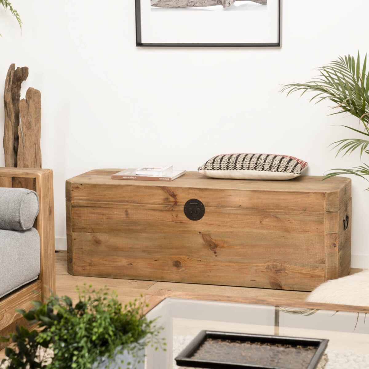 SANDY - Coffre rangement marron bois Pin recyclé poignées métal noir