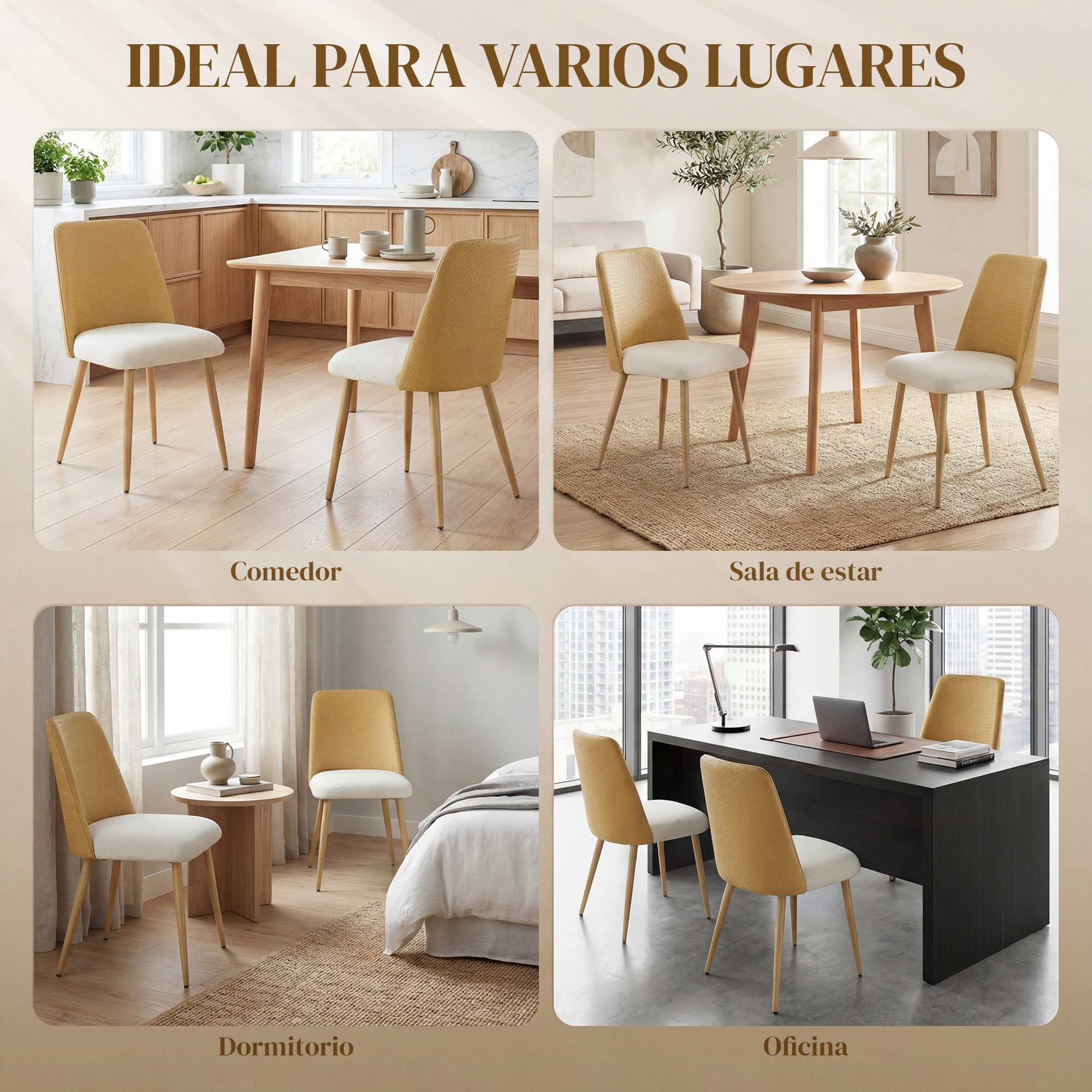Juego de 2 Sillas de Comedor, Sillas de Cocina con Respaldo de PU de Imitación Ratán, Asiento Acolchado, Patas de Acero, para Salón, Marrón y Beige