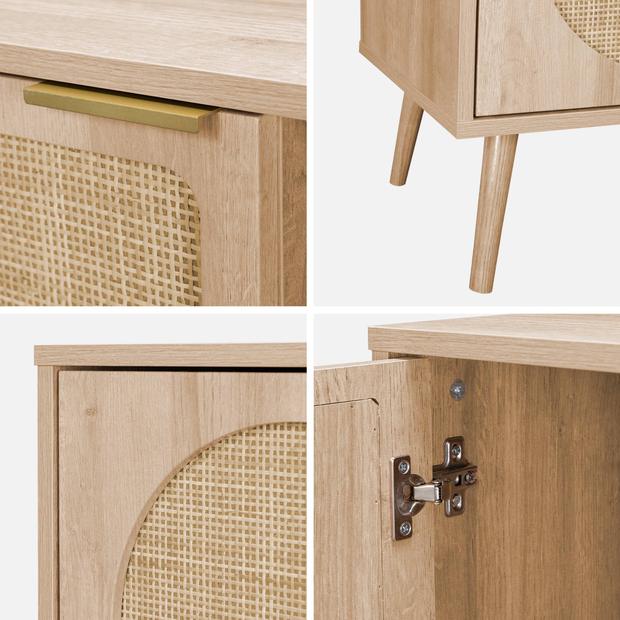 Meuble TV. Eva. décor bois et cannage arrondi 2 portes. 1 étagère L120 x l39 x H56.5cm
