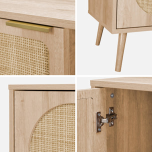 Meuble TV. Eva. décor bois et cannage arrondi 2 portes. 1 étagère L120 x l39 x H56.5cm