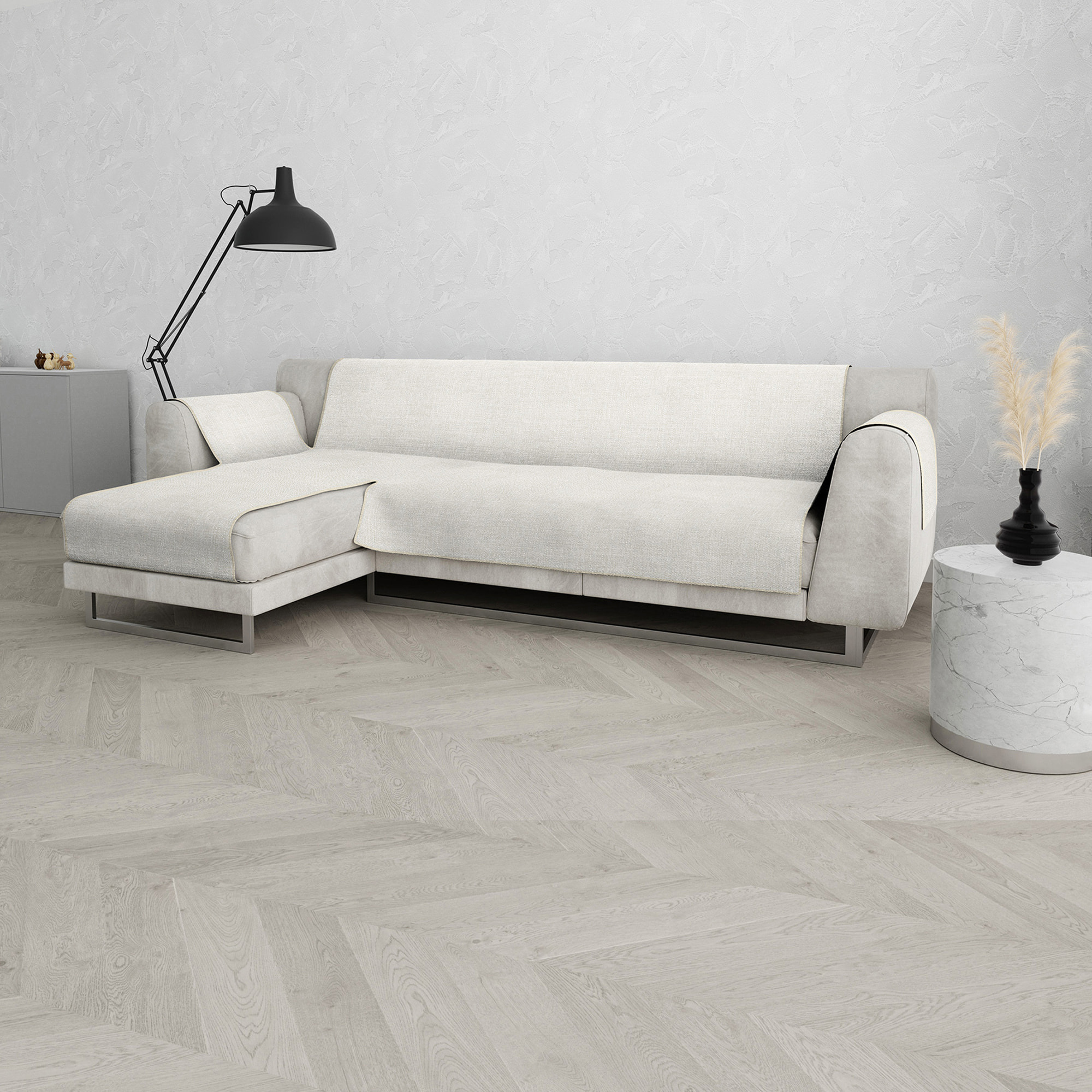 COPRIDIVANO PENISOLA SINISTRA COMFORT, Antiscivolo, Cotone+Microfibra+Fibre Varie, Made in Italy - PANNA
