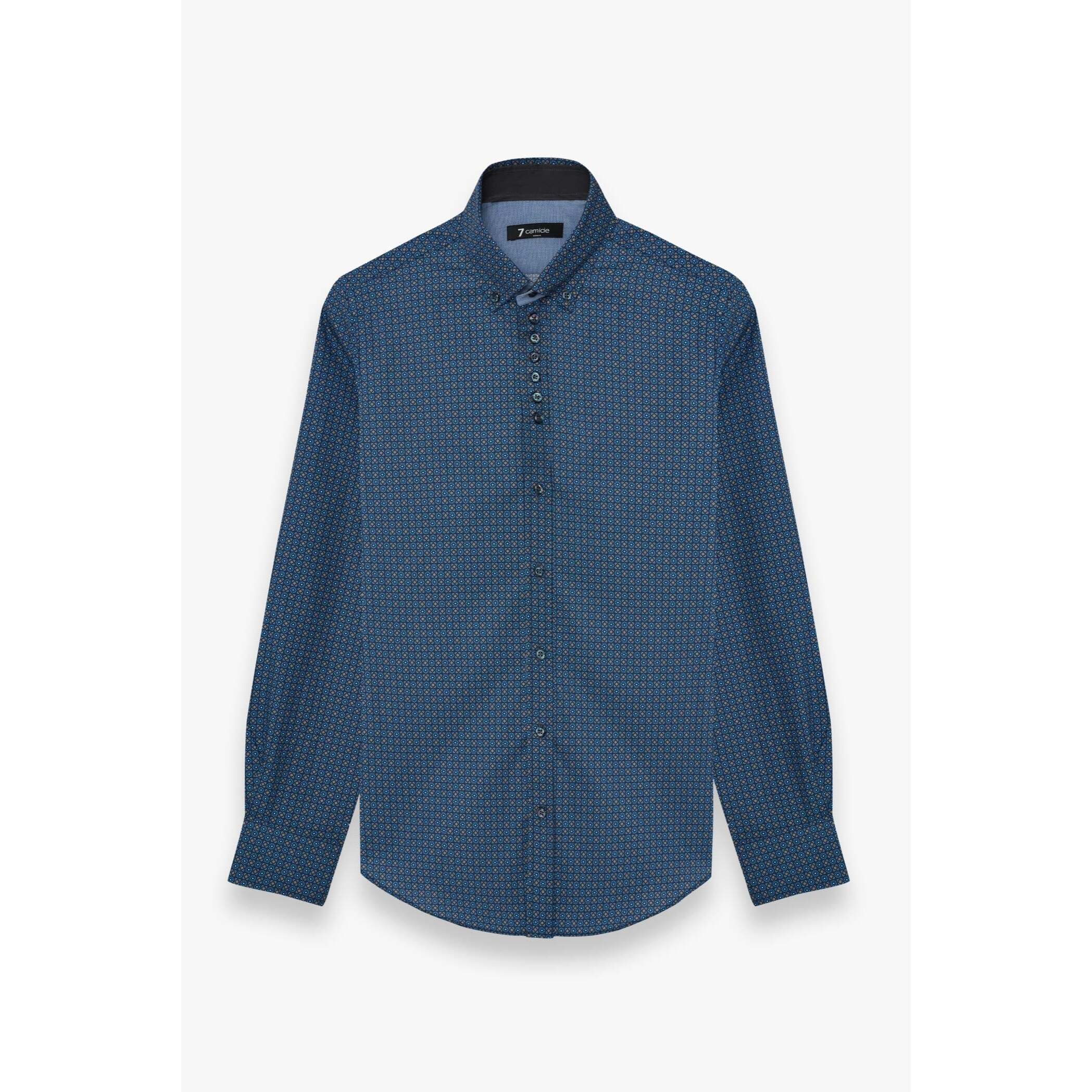 Camicia Uomo 1 Bottoni Button Down Slim Popeline Stampato Blu e Ocra