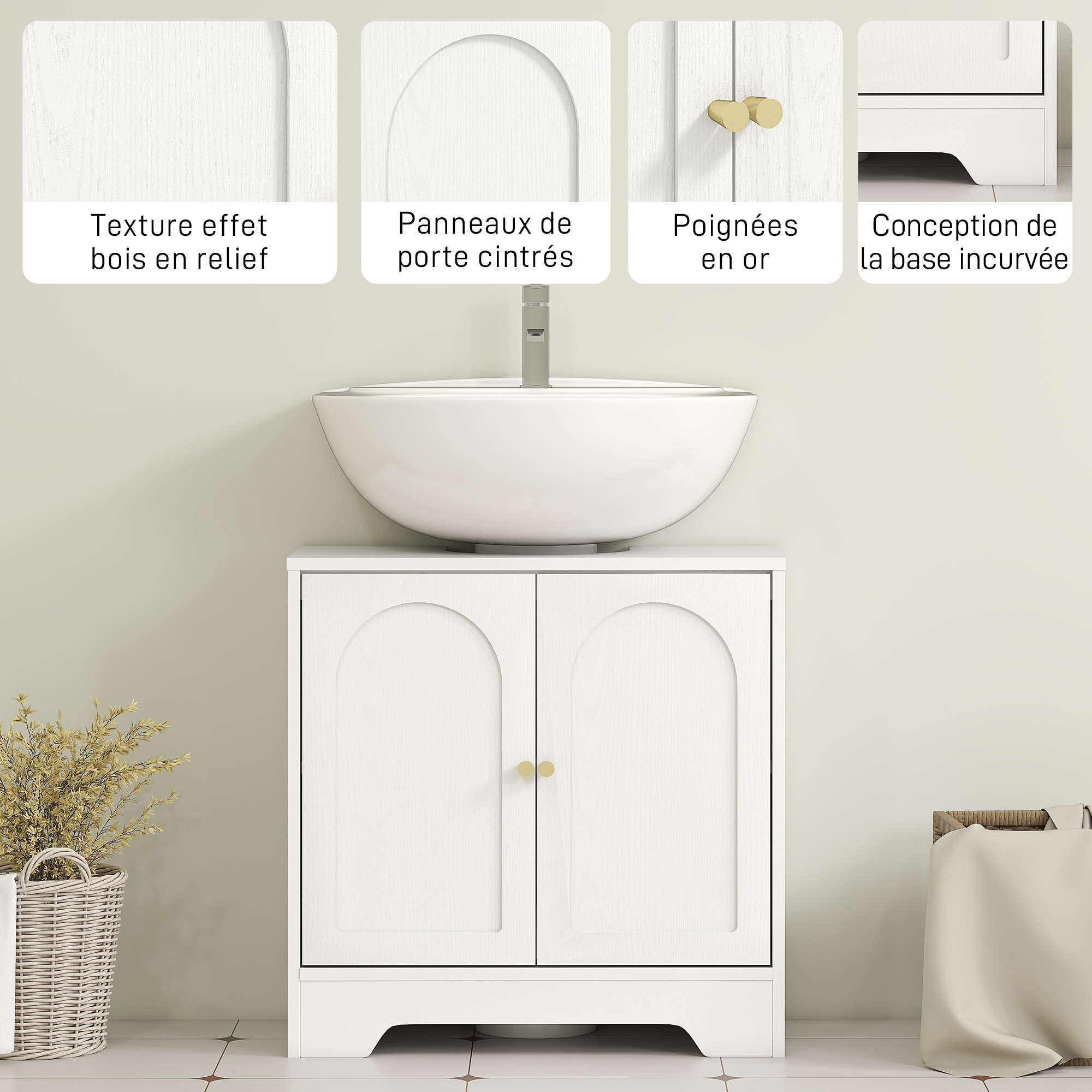 Meuble sous vasque design effet bois blanc poignées métal doré  étagère dim. 60 x 30 x 65 cm