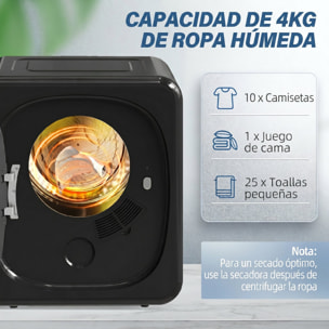 Secadora de Evacuación 4 kg, Secadora de Ropa 800W, Función Antiarrugas, Función Esterilizar, 5 Programas, Carga Frontal, Fácil de Planchar, Tambor Inox, Montable en Pared o Suelo, Negro