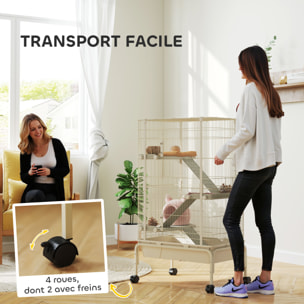 Cage mobile hamster rongeur furet 4 niveaux - 2 portes 3 rampes bac profond roulettes gamelle biberon - 69 x 44 x 120 cm - beige