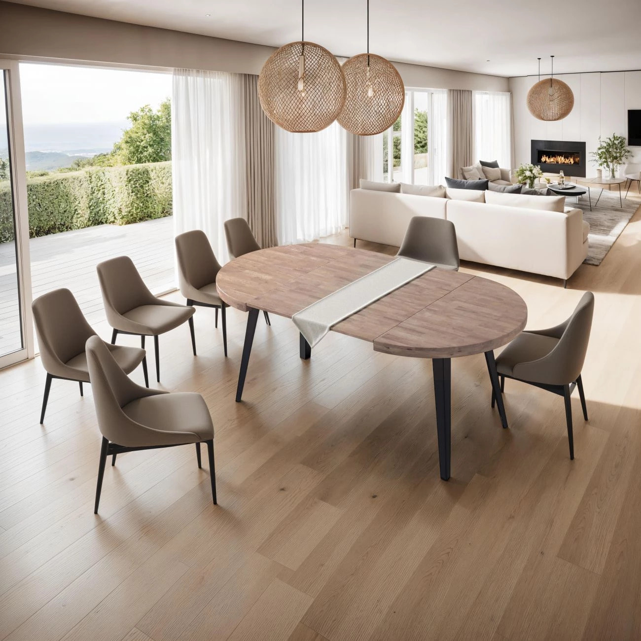 Mesa de comedor redonda extensible en negro y roble honey 120-200x120 cm Berg Roble Honey - Negro