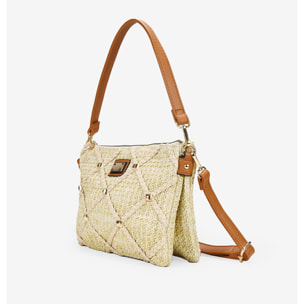 Bolso de rafia beige con tachas y doble asa