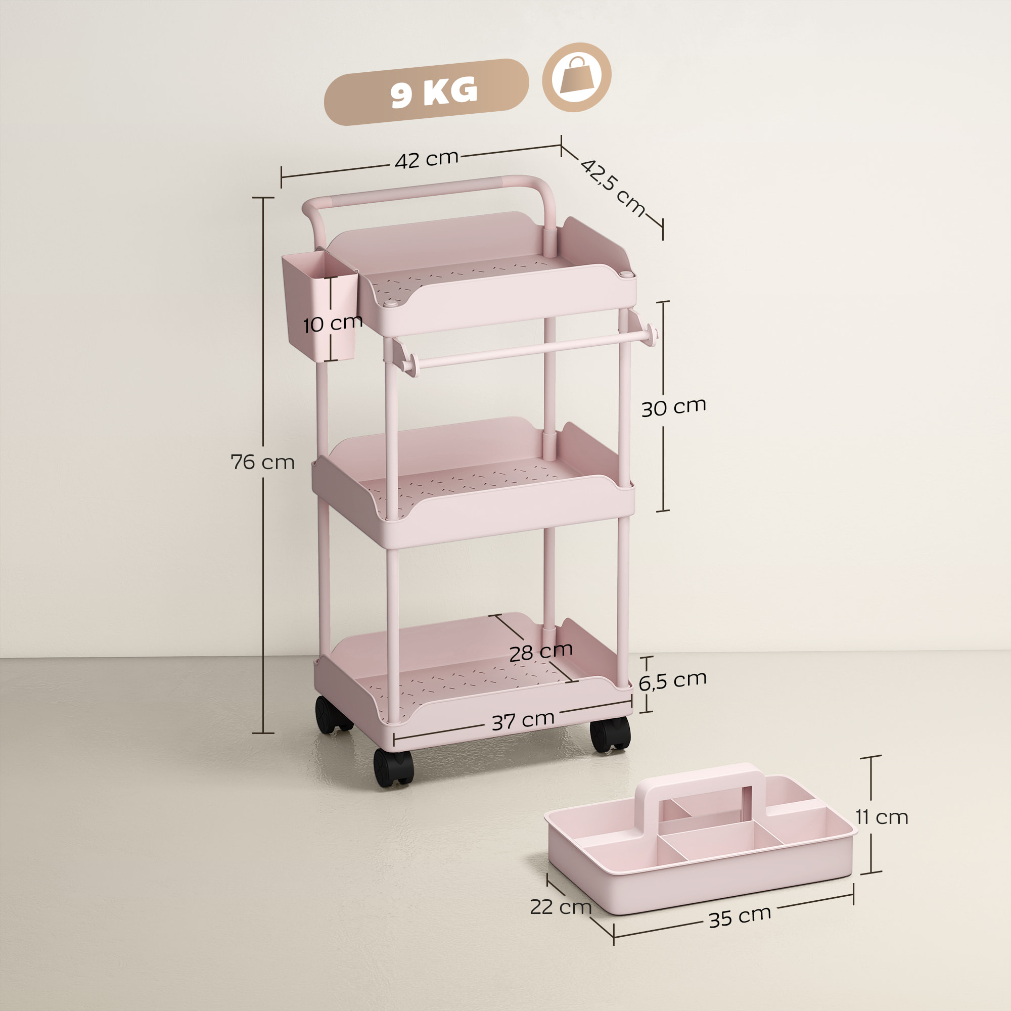 Carrito Auxiliar con Ruedas de 3 Niveles, Carrito de Cocina con Cestas Extraíbles, Ruedas con Freno, Soporte para Toallas y Marco de Metal, Carro de Servicio para Comedor, Salón, Baño, Rosa