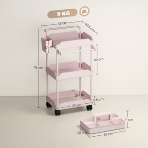 Carrito Auxiliar con Ruedas de 3 Niveles, Carrito de Cocina con Cestas Extraíbles, Ruedas con Freno, Soporte para Toallas y Marco de Metal, Carro de Servicio para Comedor, Salón, Baño, Rosa