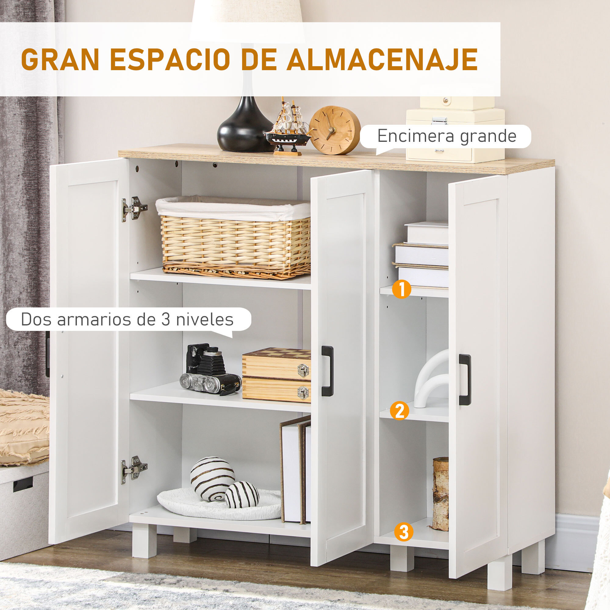 Aparador de Cocina Armario de Salón Mueble Buffet con 3 Puertas y Estantes Ajustables para Comedor Dormitorio Estilo Nórdico 90x30x90 cm Blanco