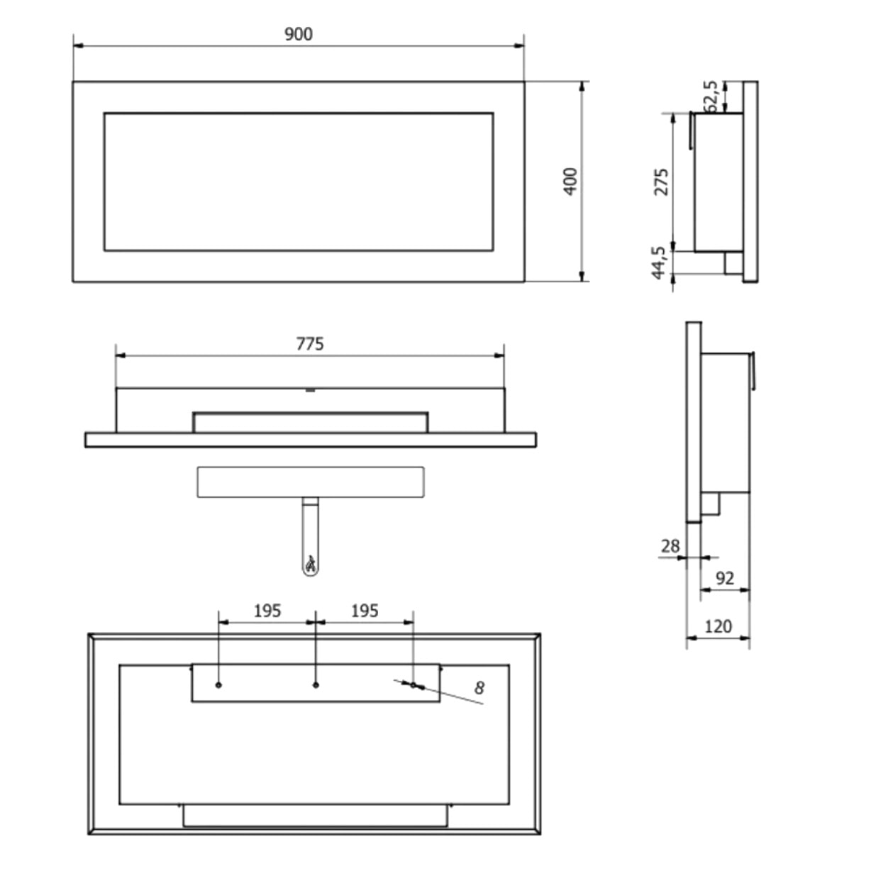 Livorno - Camino a Bioetanolo da Parete 90x40x12 cm con Bruciatore 0,75lt in Acciaio e Vetro Bianco