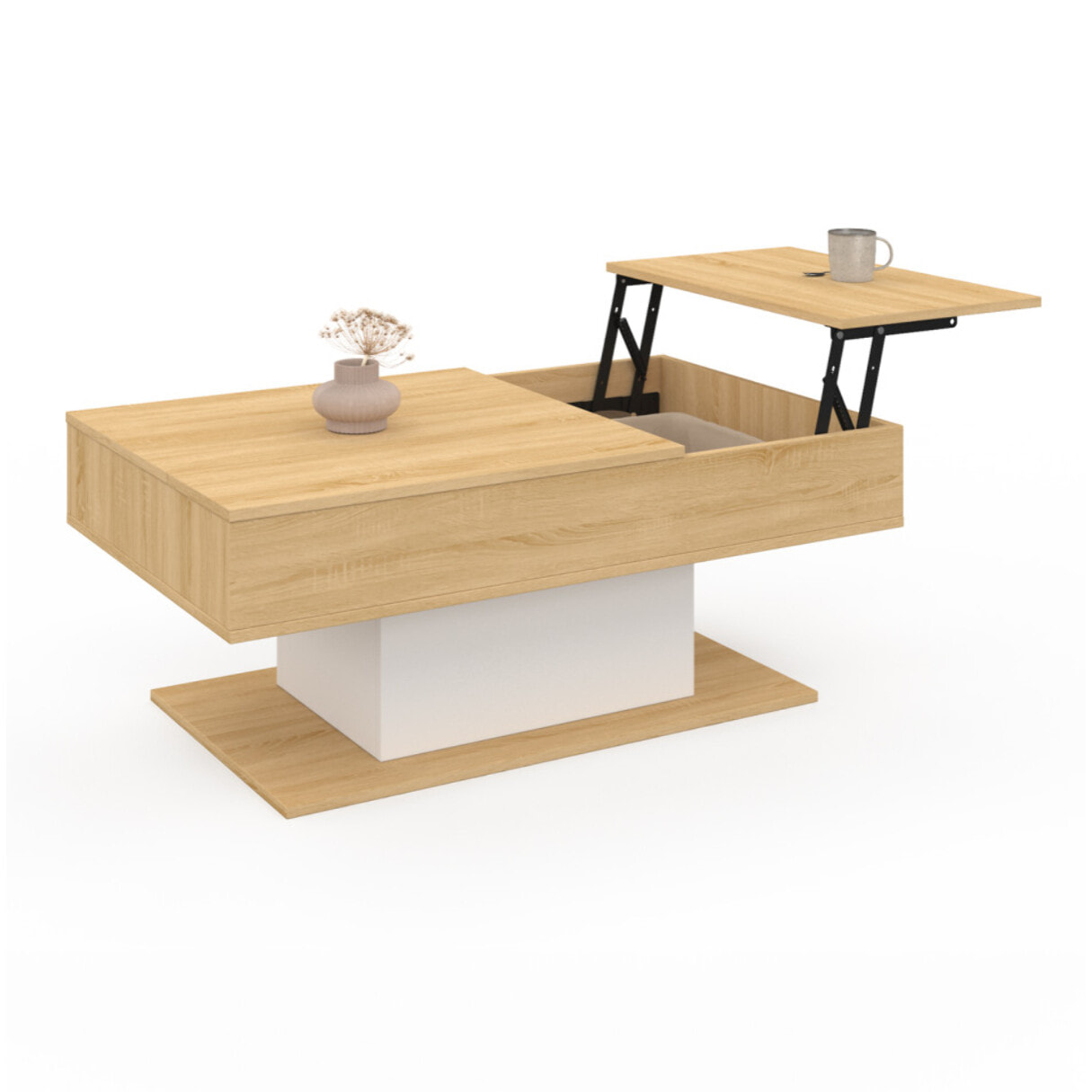 Table basse Tania double plateau relevable bois et blanc