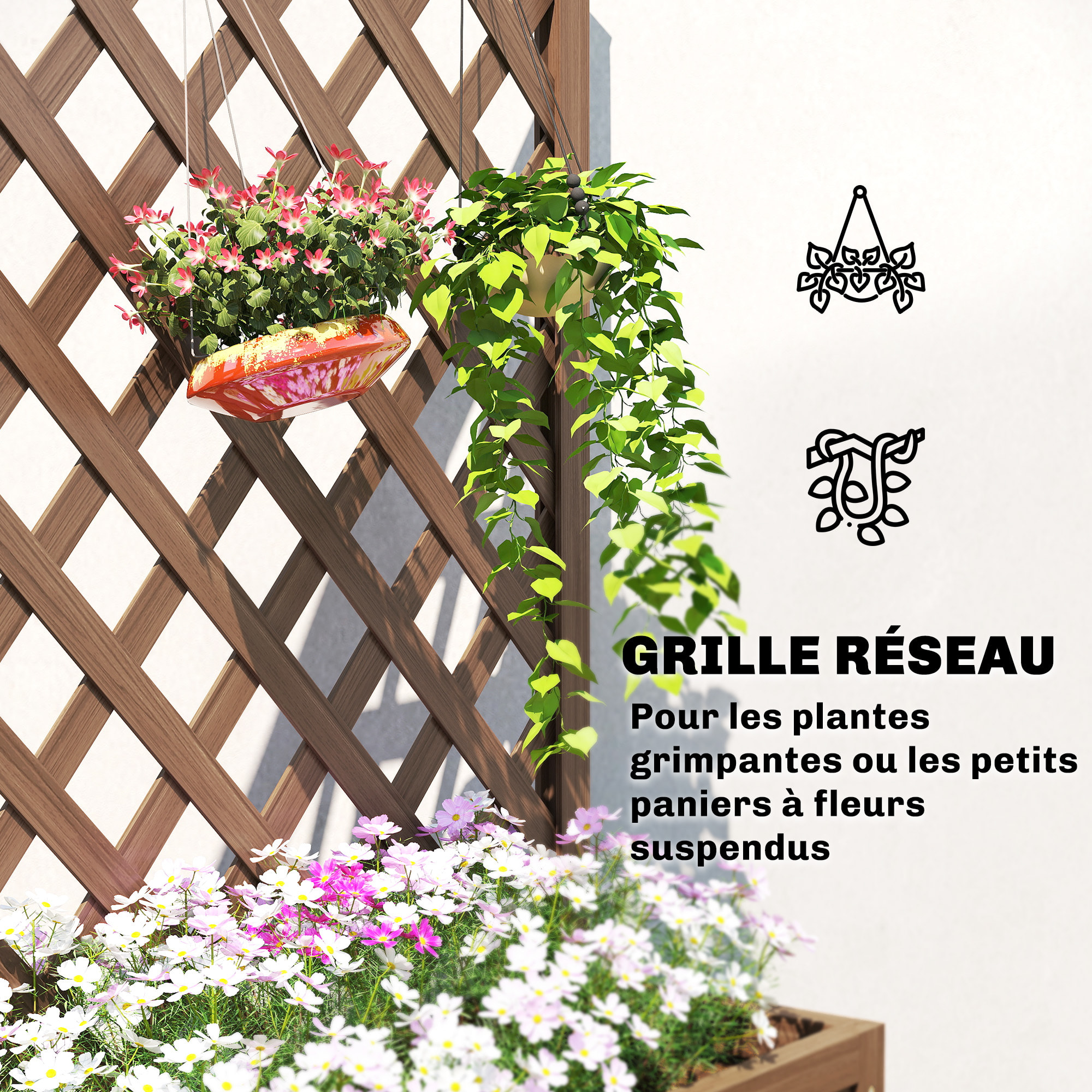 Jardinière avec treillis - bac à fleurs - jardinière sur pied - dim. 70L x 28l x 117H cm - fond à lattes - bois verni