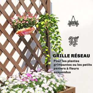 Jardinière avec treillis - bac à fleurs - jardinière sur pied - dim. 70L x 28l x 117H cm - fond à lattes - bois verni
