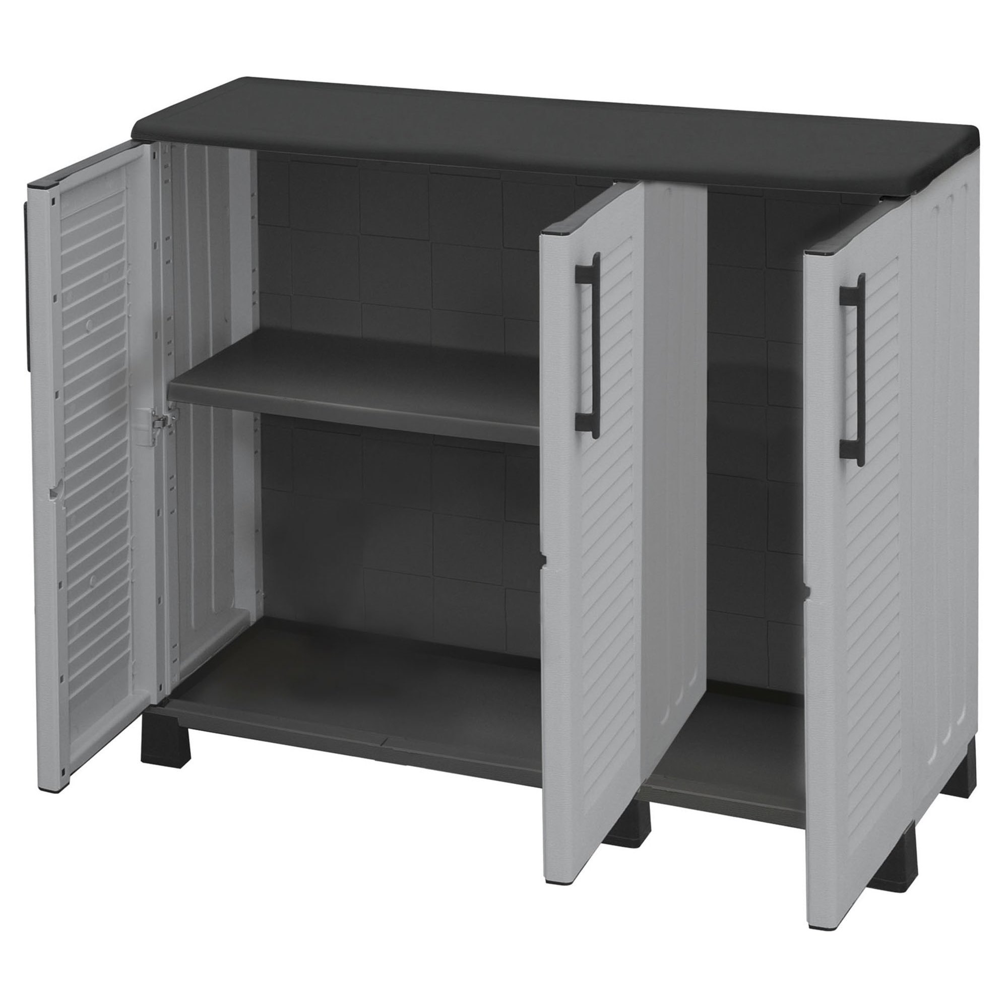 Armario de mediana altura en polipropileno, material reciclable y ecológico sostenible, está equipado con bisagras de acero, estantes ajustables y los