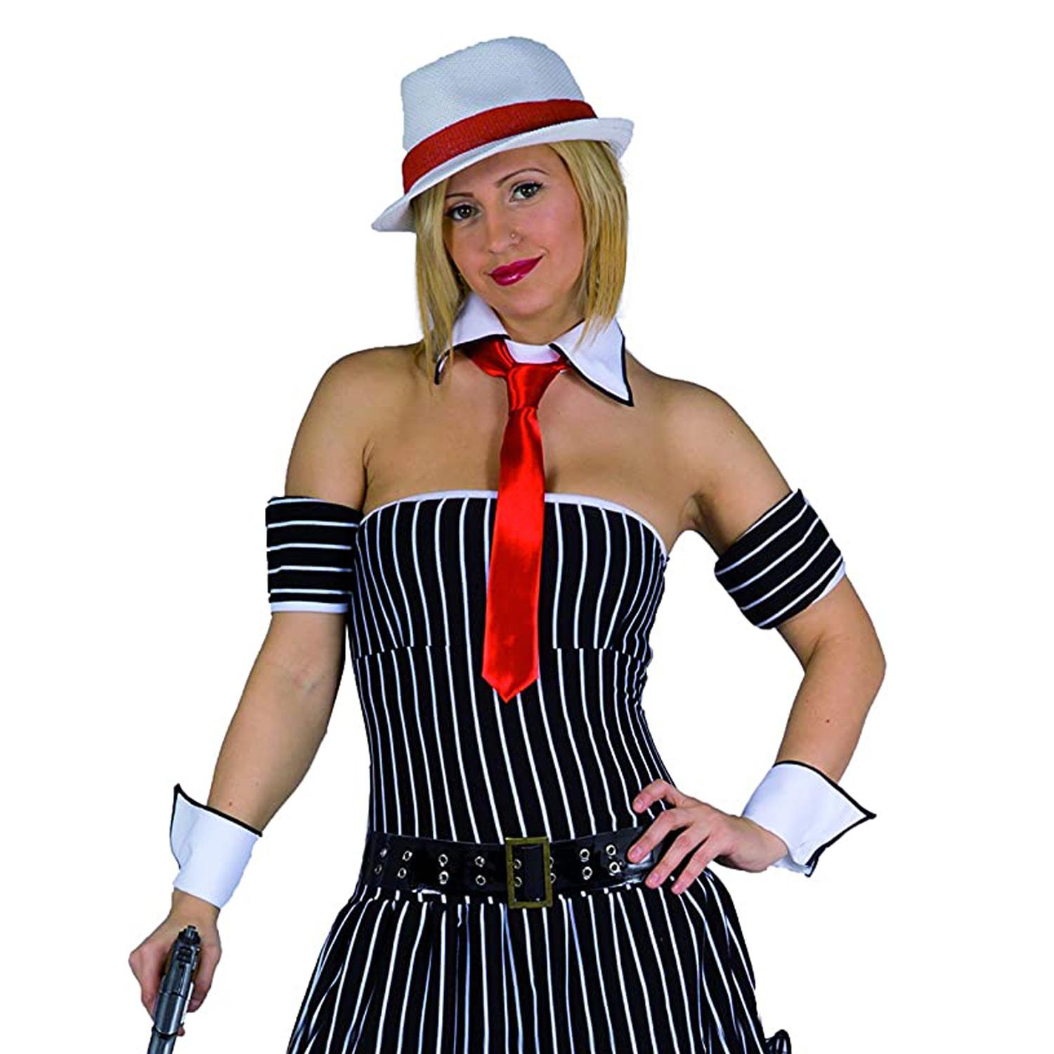 Costume Travestimento Carnevale Gangster Lady Nero Bianco Rosso Donna