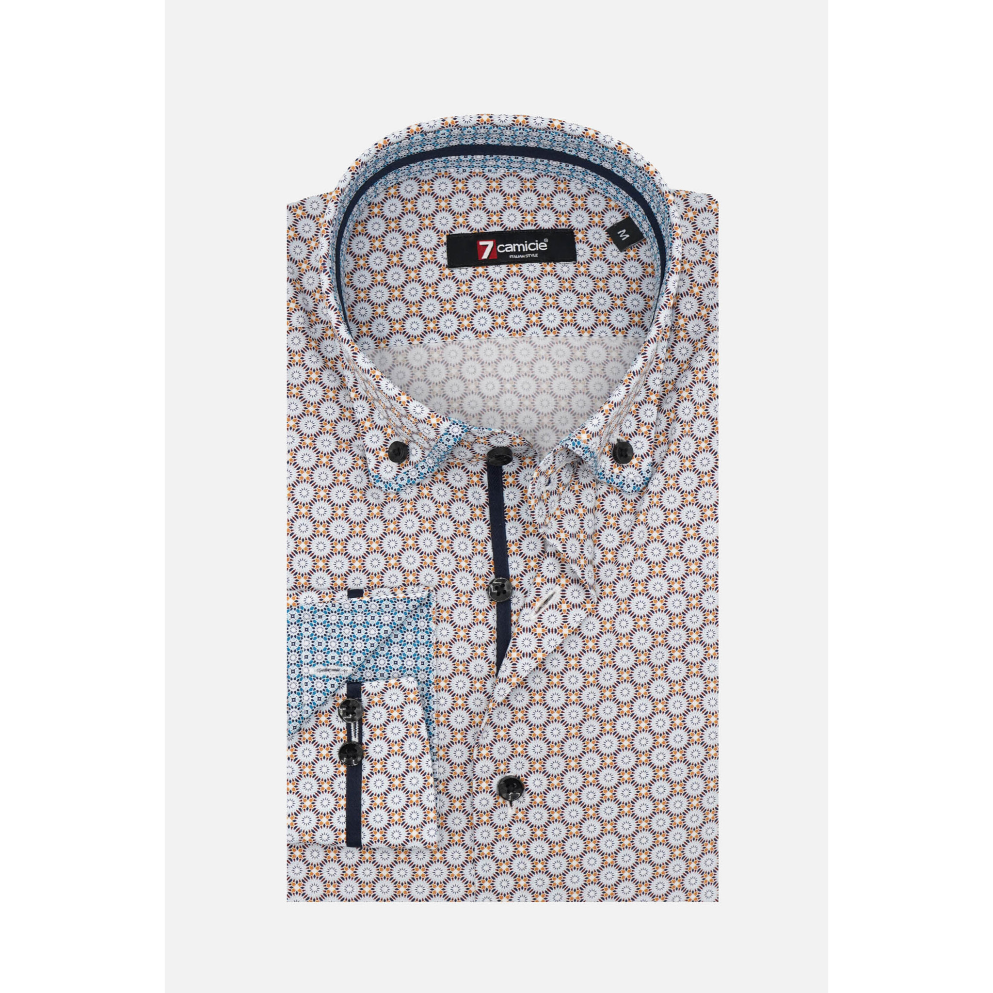 Camicia Uomo 1 Bottoni Button Down Slim Popeline Stampato Senape Celeste