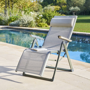 Fauteuil de jardin inclinable "Decima" vert olive & vert laurier 8 positions en aluminium et texaline