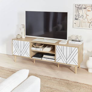 Meuble TV décor bois & blanc - Mika - 2 niveaux. 3 étagères. 2 portes. L 160 x l 40 x H 56cm