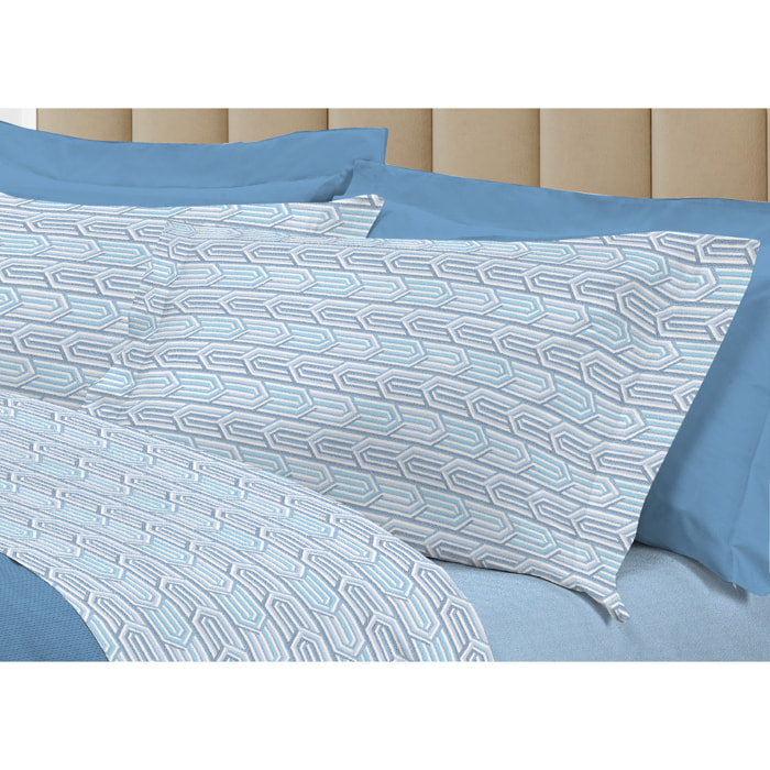 Completo Lenzuola Linea 3027 In Percalle Fantasia Geometrico Disegno Henry Azzurro