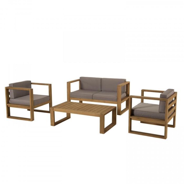 HALICE - SALON DE JARDIN EN BOIS TECK - 1 canapé 2p. , 2 fauteuils coussins waterproof et table basse rectangulaire 110x60 cm