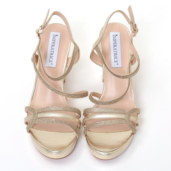 Sandali in simil pelle con tacco alto comodo e fasce ricoperte di strass