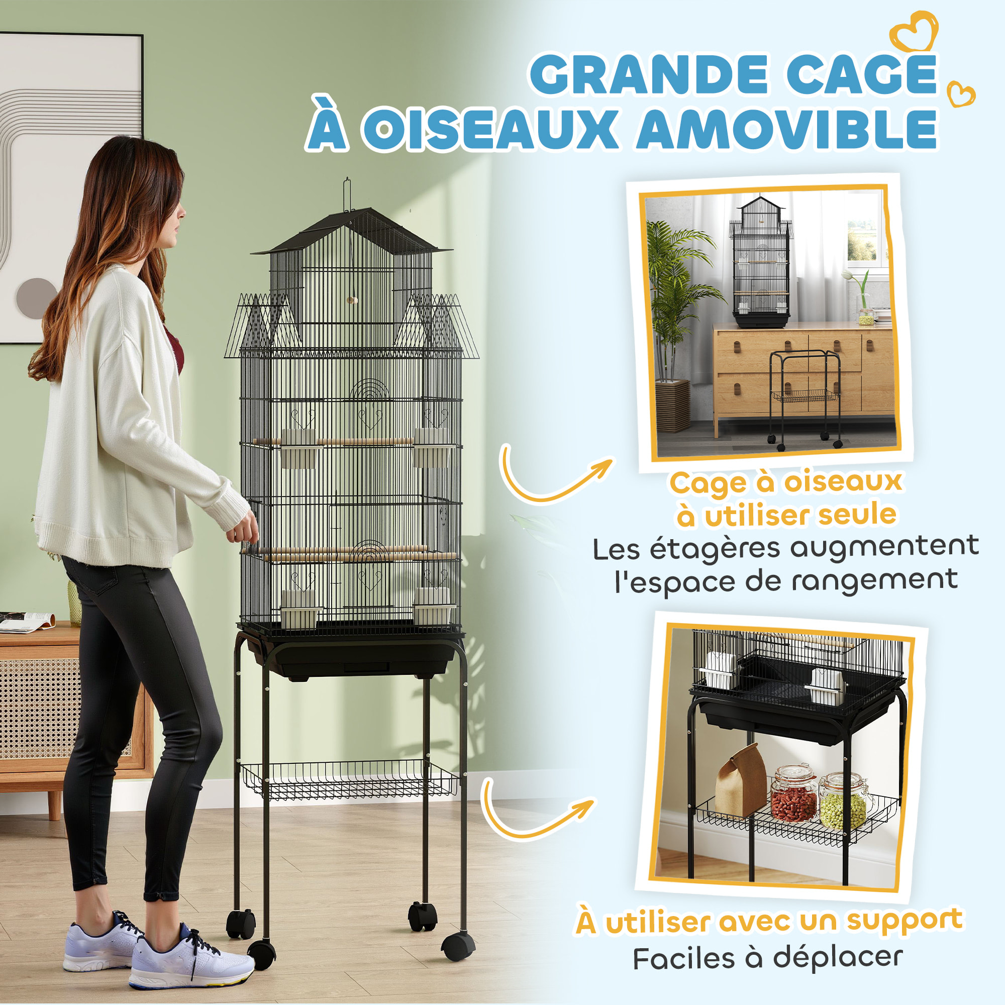 Cage à oiseaux design maison sur roulettes mangeoires perchoirs balançoire grande porte 8 trappes plateau déjection