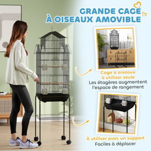 Cage à oiseaux design maison sur roulettes mangeoires perchoirs balançoire grande porte 8 trappes plateau déjection
