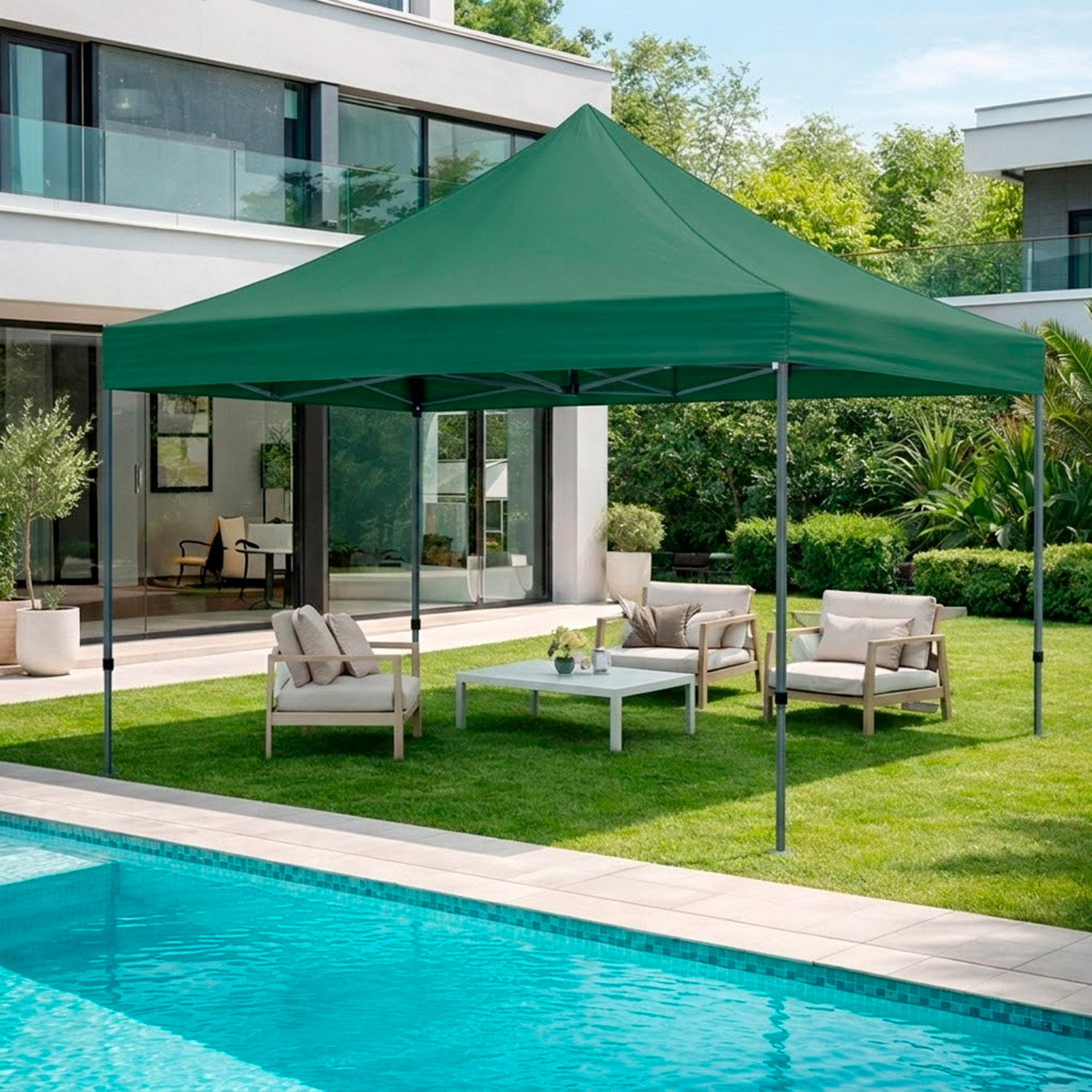 Gazebo Professionale 3x3 M Richiudibile Automatico In Acciaio Con Telo Oxford 1200D PVC Impermeabile e Anti UV A Fisarmonica con Sacche Verde