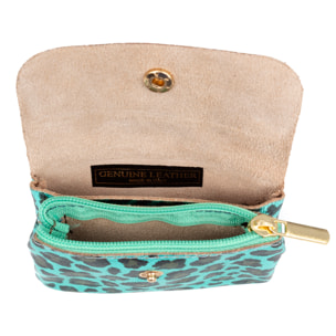 Alpignano monedero mujer. Piel auténtica Gamuza, diseño animal print leopardo, lacada brillante.
