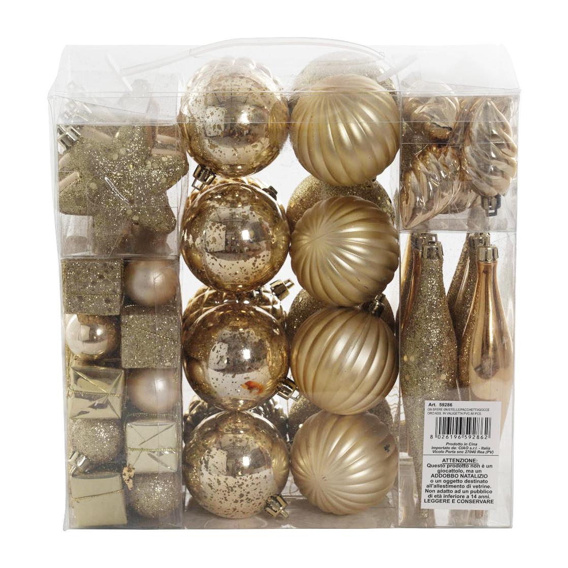 Box 80 pezzi decorazioni natalizie multi-forma, Ornamenti, Set assortimento palline di Natale, Scatola set albero di Natale, colore Oro, Da 3 a 7 cm