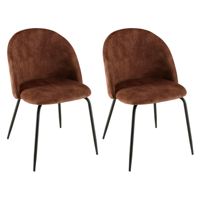TOM - Lot de 2 chaises velours acajou dossier arrondi pieds acier noir