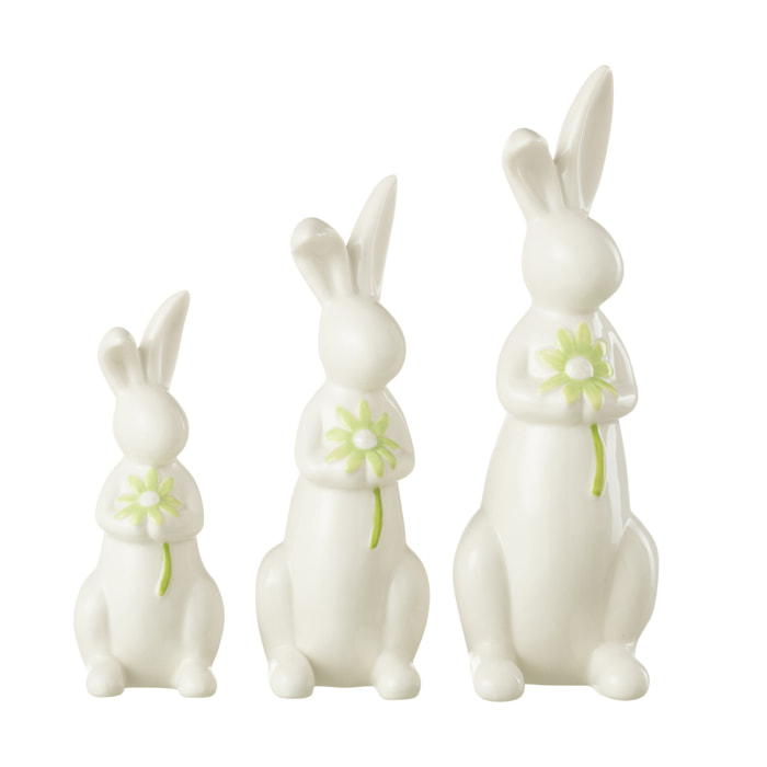 J-Line décoration Lapins Fleurs - porcelaine - vert/blanc - 3 pièces