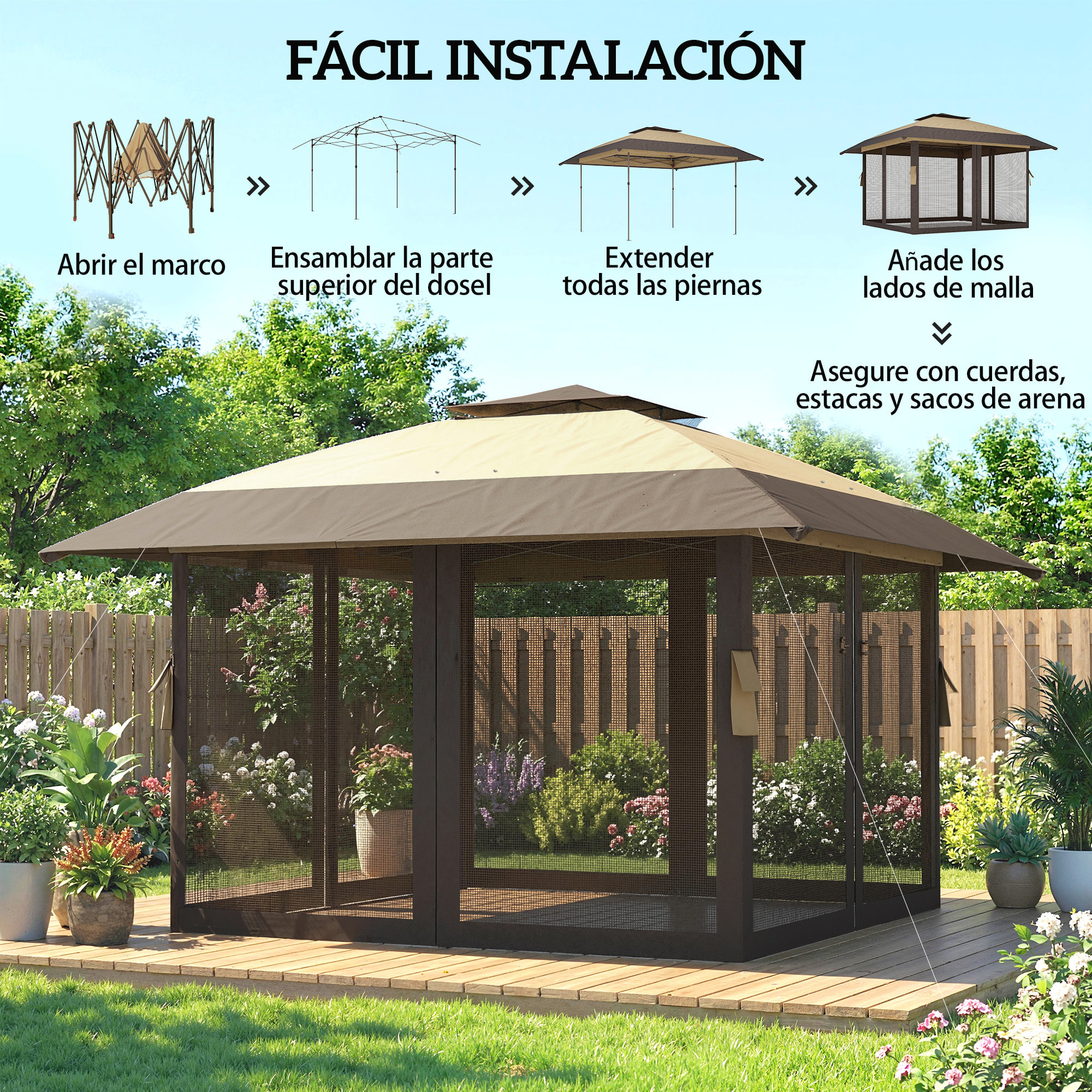 Carpa Plegable 4x4 m, Pop-up, con Doble Techo, 4 Paredes Laterales de Malla, Cenador de Jardín con Altura Ajustable 3 Niveles, Bolsa de Transporte, UPF30+, Gazebo para Camping, Fiestas, Caqui